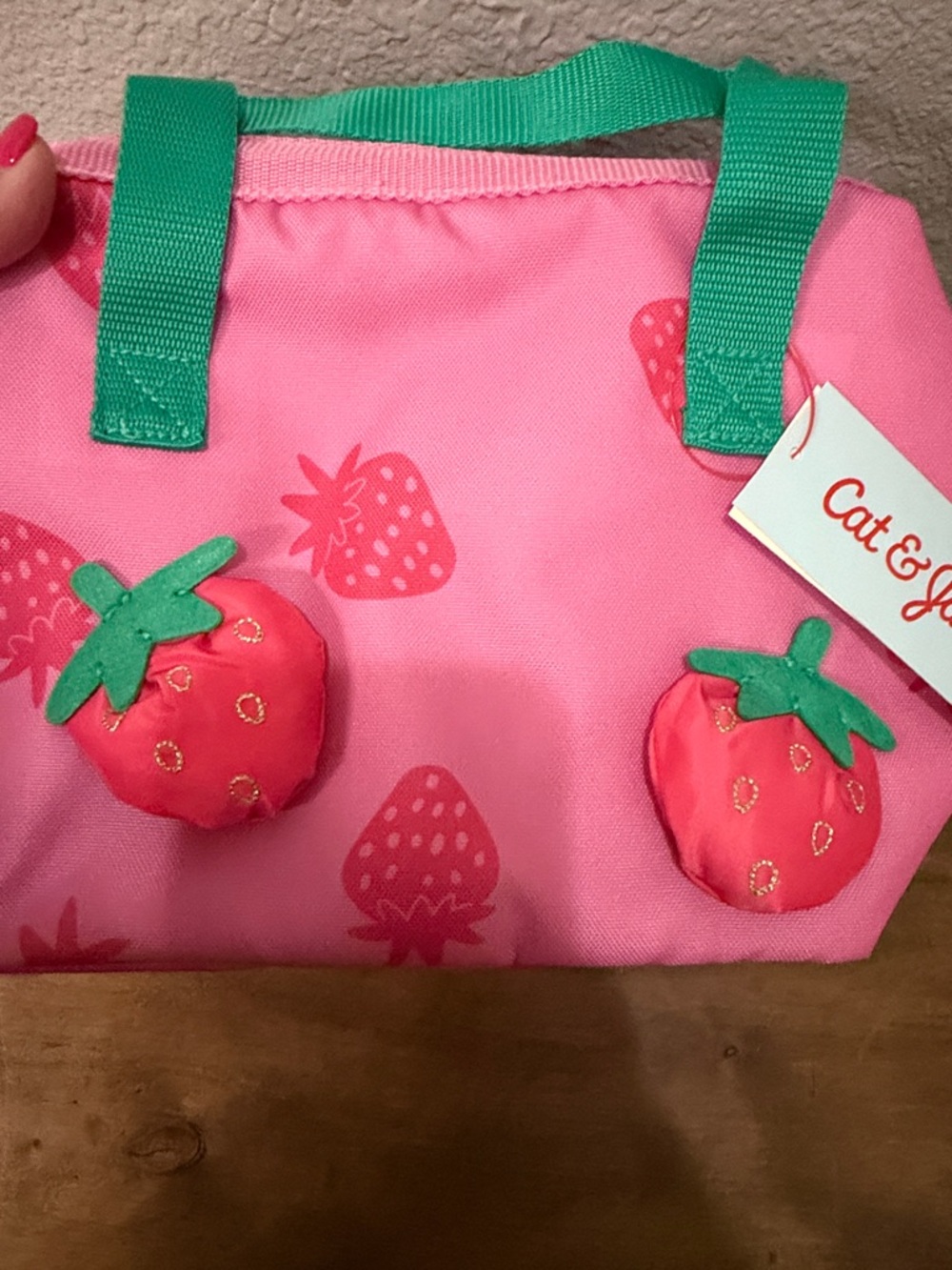 Cat & Jack Pink  Strawberry lunch Tote with Green Handles lunchbox  NWT - Picture 6 of 6
